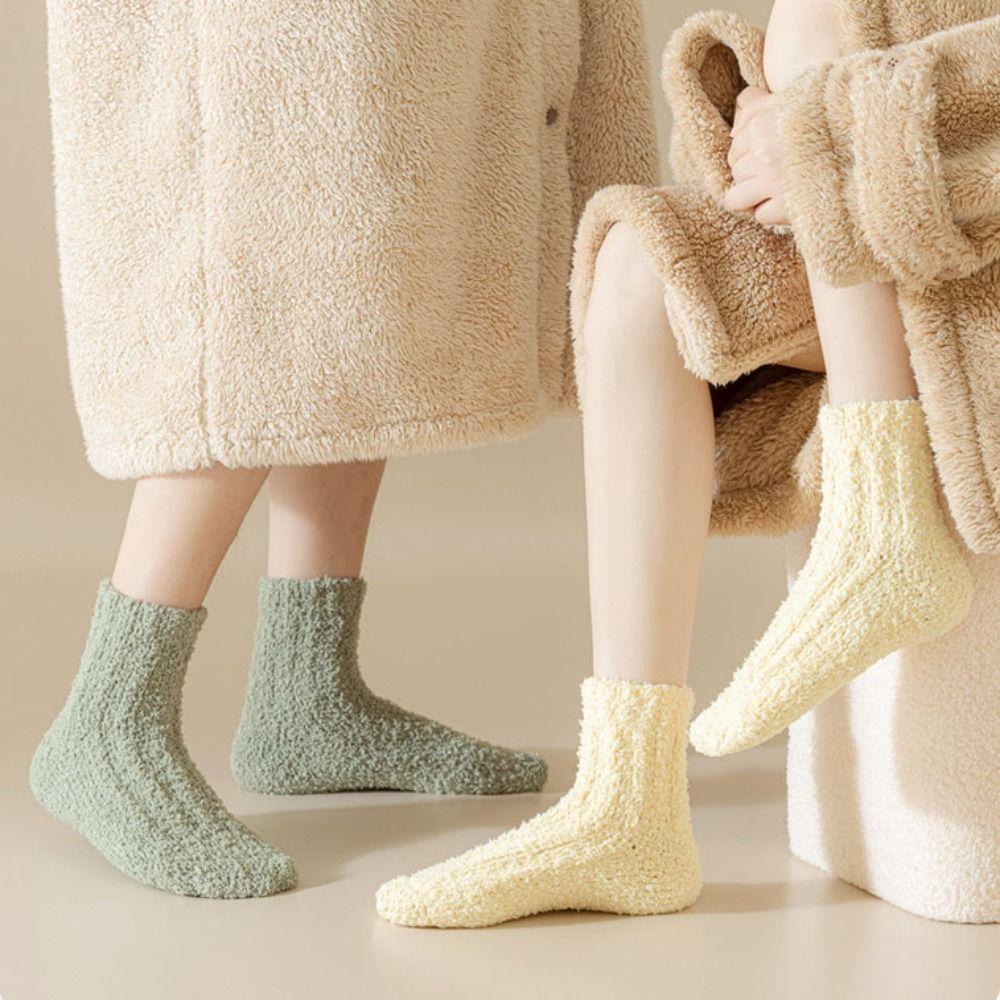4Pairs Sleeping Floor Plush Socks Winter Mid Tube Socks Women Kawaii Coral Fleece Socks  Autumn