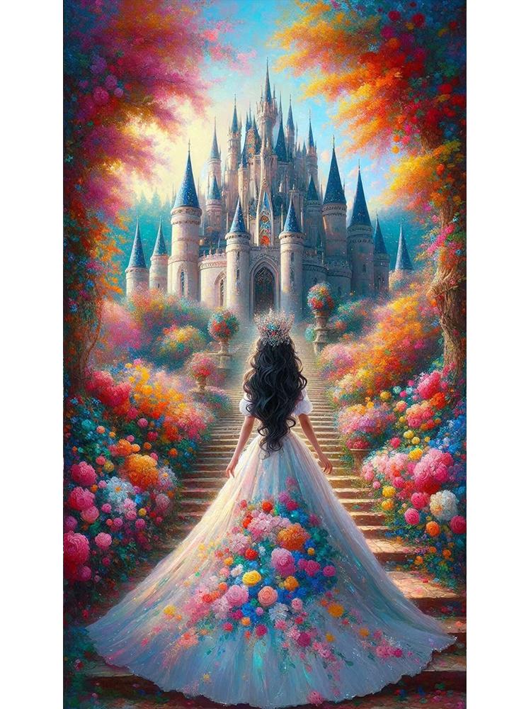 DIY 5D Diamond Embroidery Long Color Dress Princess Back Painting Mosaic Jewelry Cross Embroidery Palace Castle Home Decoration