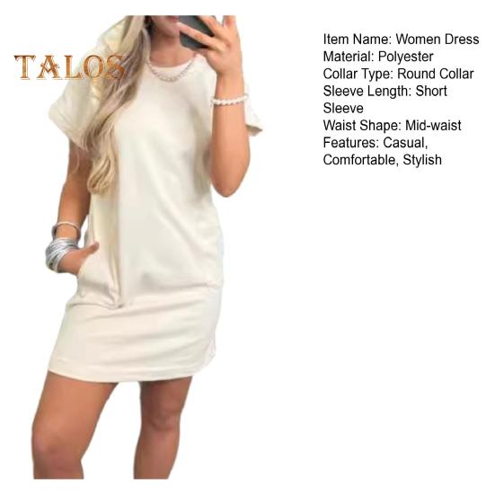Dámské šaty s krátkým rukávem, ležérní mini šaty s kulatým výstřihem a kapsami, letní mini šaty áčkového střihu