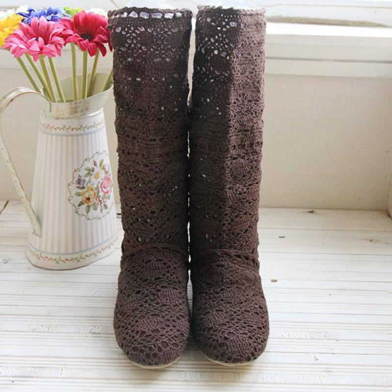 34-43 Women Hollow Boots Breathable Shoes Summer Female Knee High Botas Mesh Knit Line Flats Slip-On Solid Color Ankle Footwear