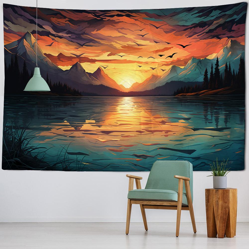 Colorful Landscape Illustration Tapestry Wall Art Decoration Dreamy Forest Mountain Bedroom Living Room Hippie Home Decoration