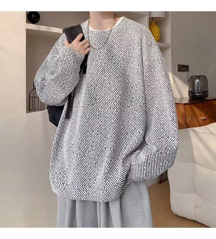 Men's Velvet Chenille Stripe Hoodie, Autumn/Winter, Warm Round Neck, Trendy American Style Pullover.