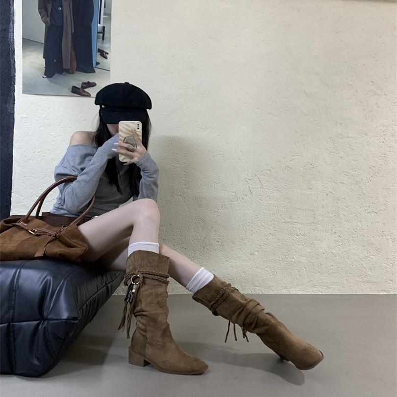 Vintage woven fringed thick heel tall boots 2025 autumn and winter thin pointed western cowboy boots stacking boots