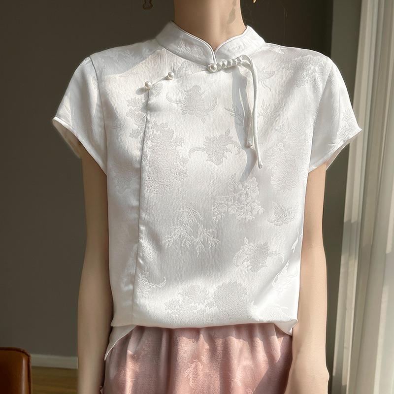 

Chinese Style New Chinese Style Shirt Women s Summer New Acetate Jacquard Stand Collar Short-sleeved Daily Commuter Top M