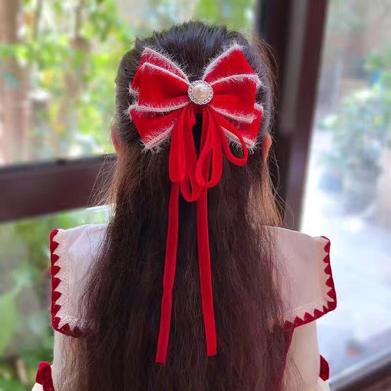 Girls' Bun Hairstyle Red Bow Hair Clip – Princess Headwear Accessory for Women & Children
