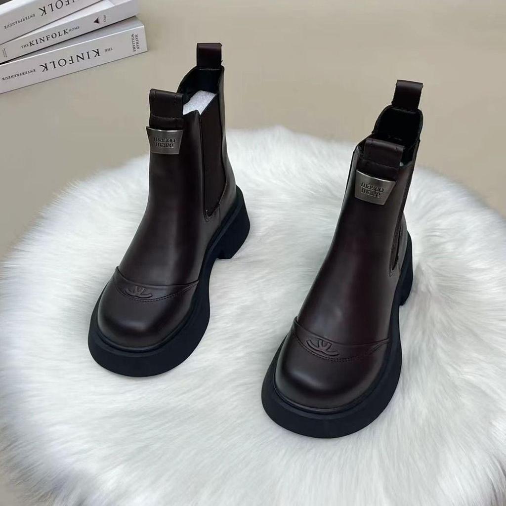 Genuine Leather Thick Sole Chelsea Ankle Boots for Women - 2025 Autumn/Winter, British Style, Chimney Heel, Height-Boosting Slimming Martin Design.