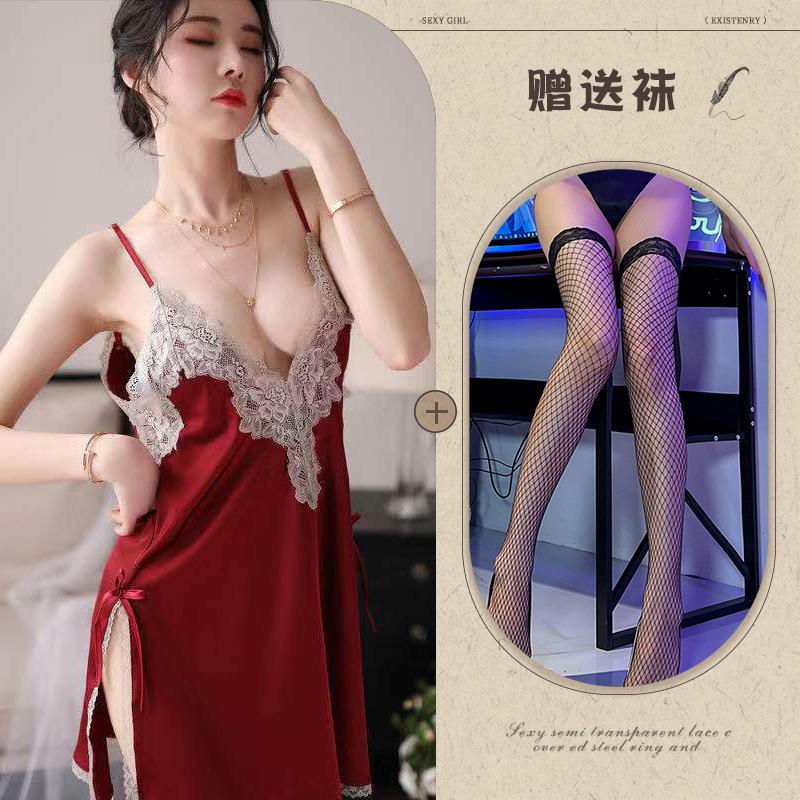 Fun underwear ice silk temptation sexy split-ended nightdress water-soluble flower hollow suspender pajama set