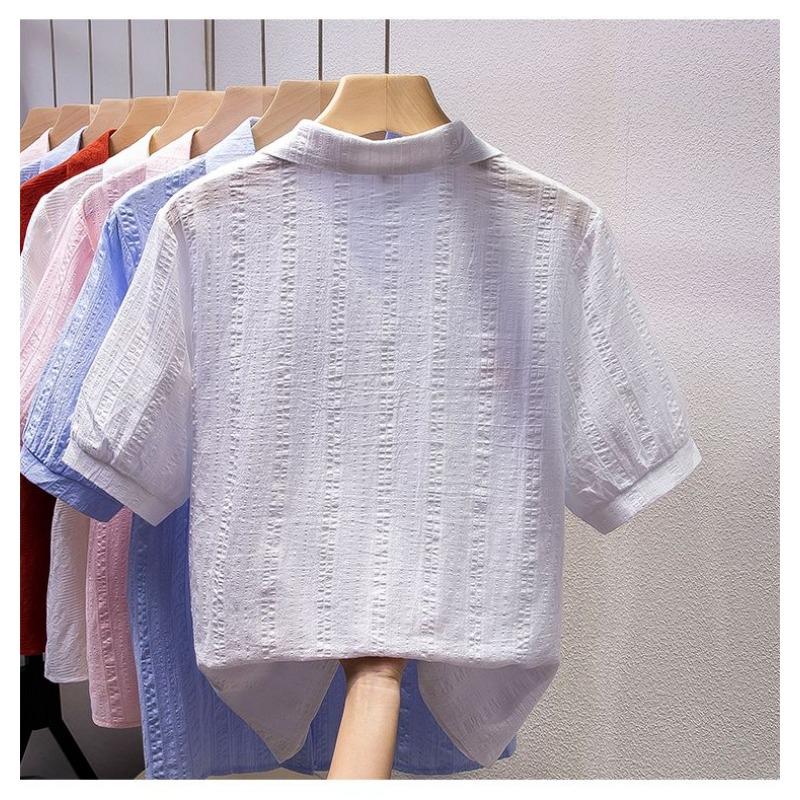 Women's White Butterfly Floral Embroidered Textured Short Sleeve Button Down Shirt Casual Blouse