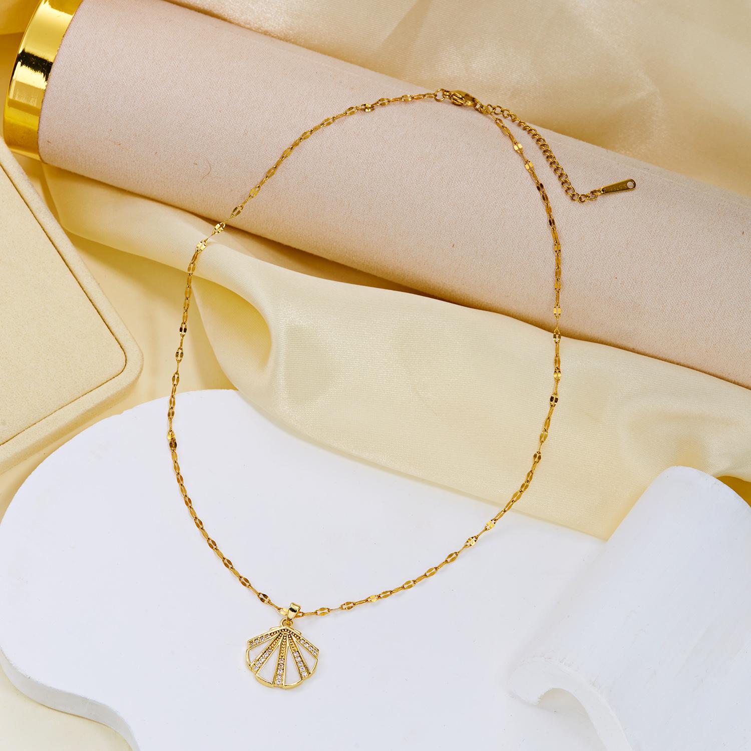Minimalist Copper Cubic Zirconia Shell Pendant Necklace for Women Dainty Gold Tone Chain Simple Ocean Charm Jewelry Gift