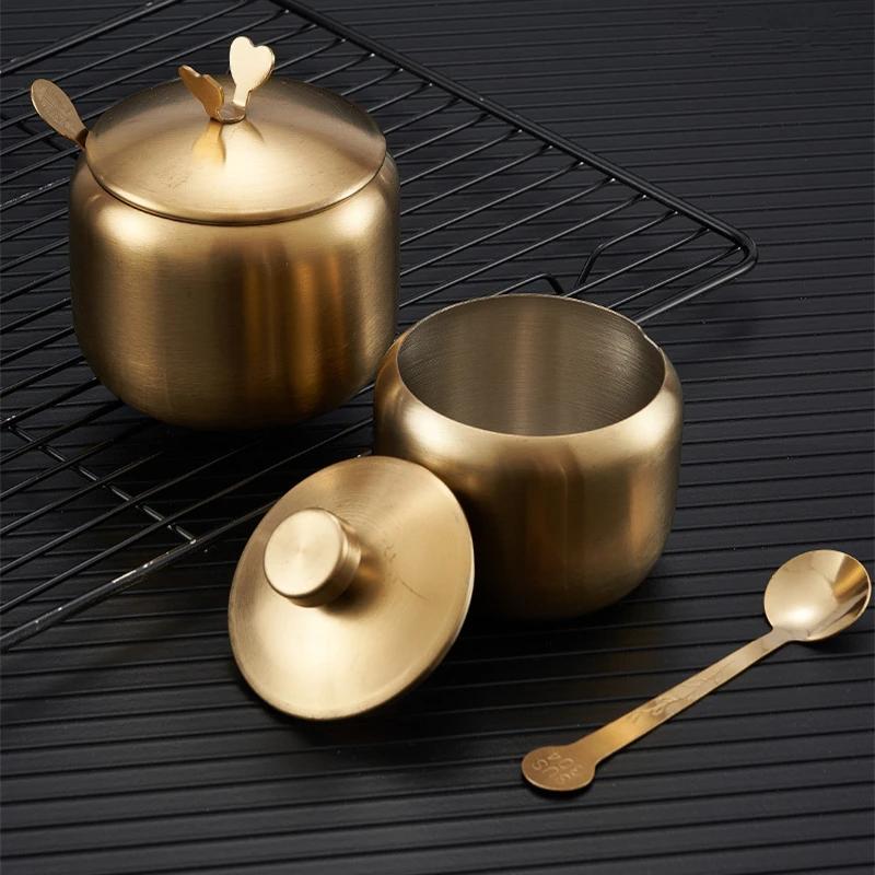 Stainless Steel Seasoning Jar Gold Silver Sugar Bowl With Lid Chili Oil Salt Pepper Jar Seasoning Bottle Box Kitchen Tool