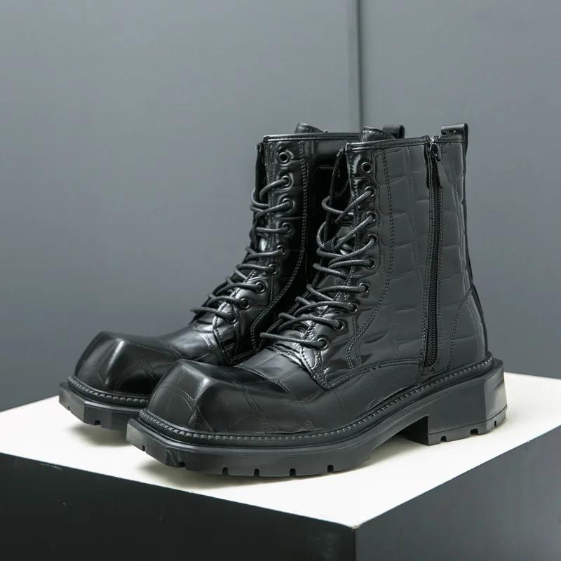 

2024 Осень Новая Мужская Обувь Высокий Верх Повседневная Мода Тренд Бренд Увеличение Большая Голова Кожаные Ботинки Большой Размер 38-45 38 чёрный