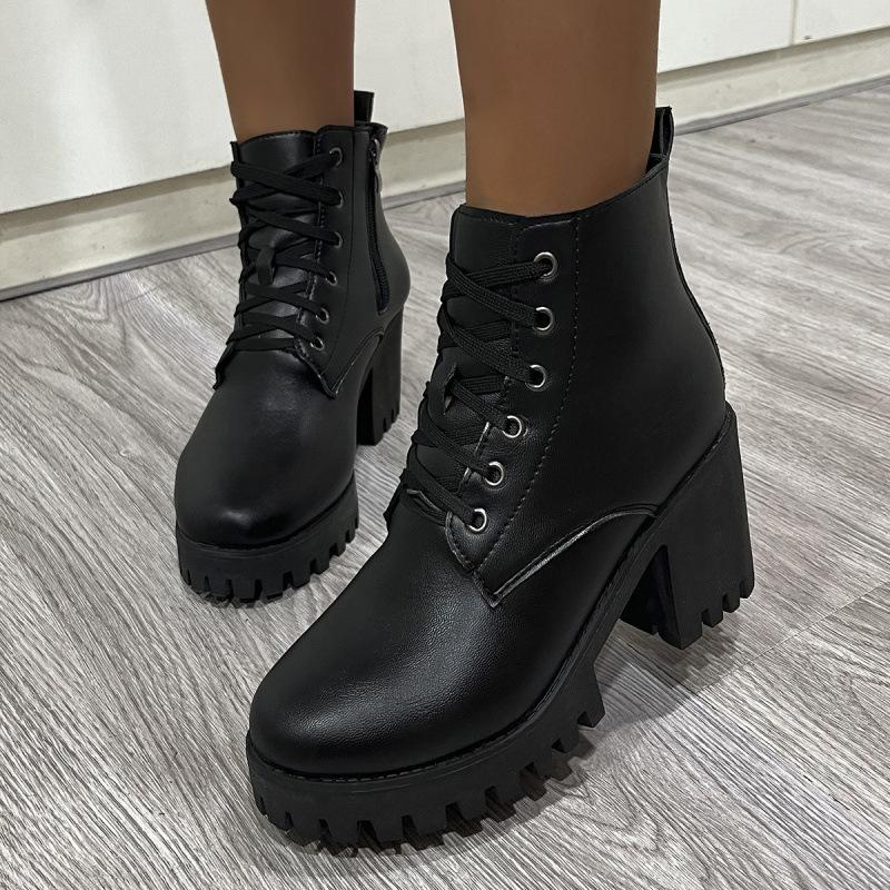 Large size boots autumn new British style round head zipper thick sole medium tube thick heel black Martin boots