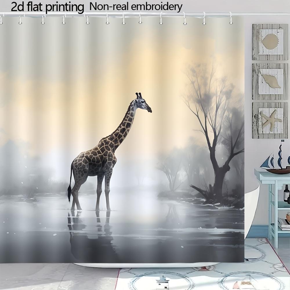 Giraffe In Misty Lake Digital Art Shower Curtain With 12 Hooks For Bathroom Home Decor Polyester 2D Flat Print 70.8X70.8 Inch