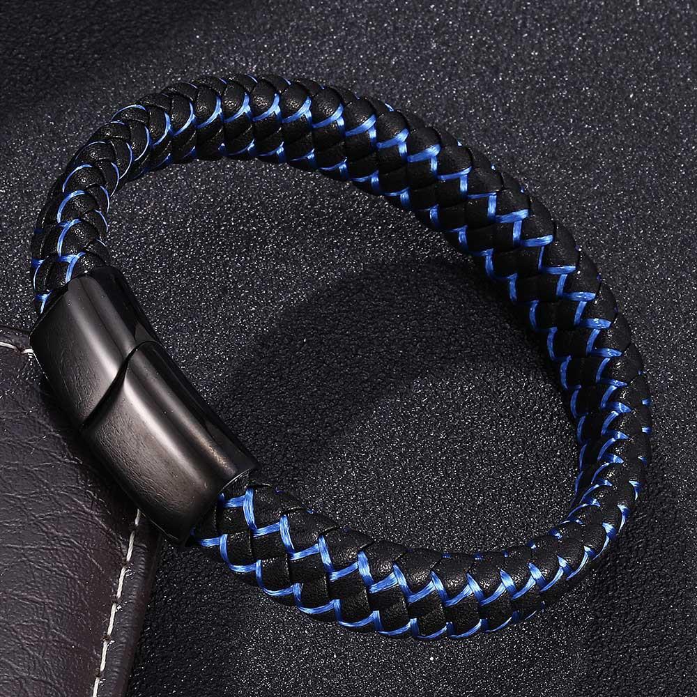 Punk Men Braided Genuine Braided Blue Leather Bracelet Black Stainless Steel Magnetic Buckle Bracelet Gifts Homme Pulsera