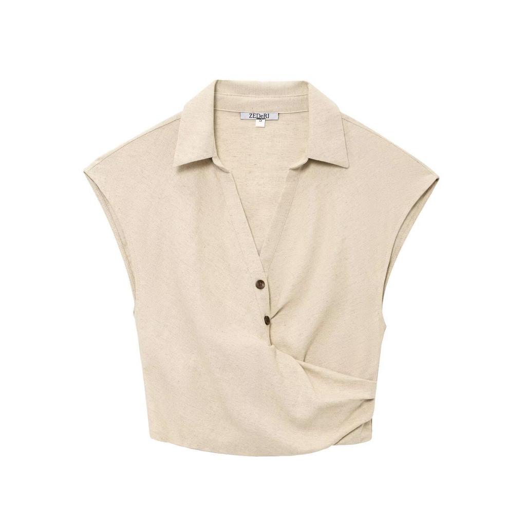 2025 Summer Women's Linen Set: Short Top with Buckle Detail & Midi Skirt