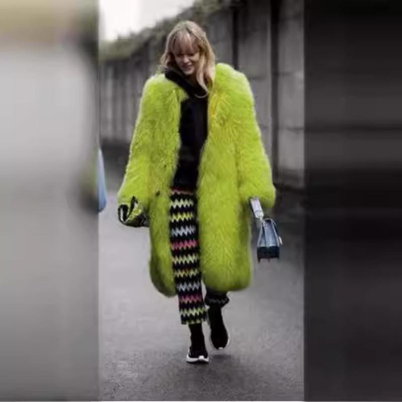 

Жіноче зимове пальто з довгим волоссям великих розмірів. Модне пальто зі штучного хутра для вуличних хіпстерів із відворотом 5XL яскраво-зелений колір