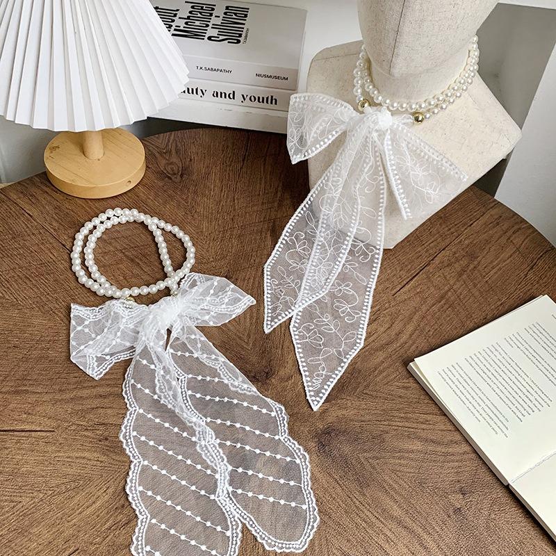 Pearl Necklace Spring and Summer Versatile Polka Dot Lace Silk Scarf High-end Bag Strap Multi-purpose Belt Headscarf