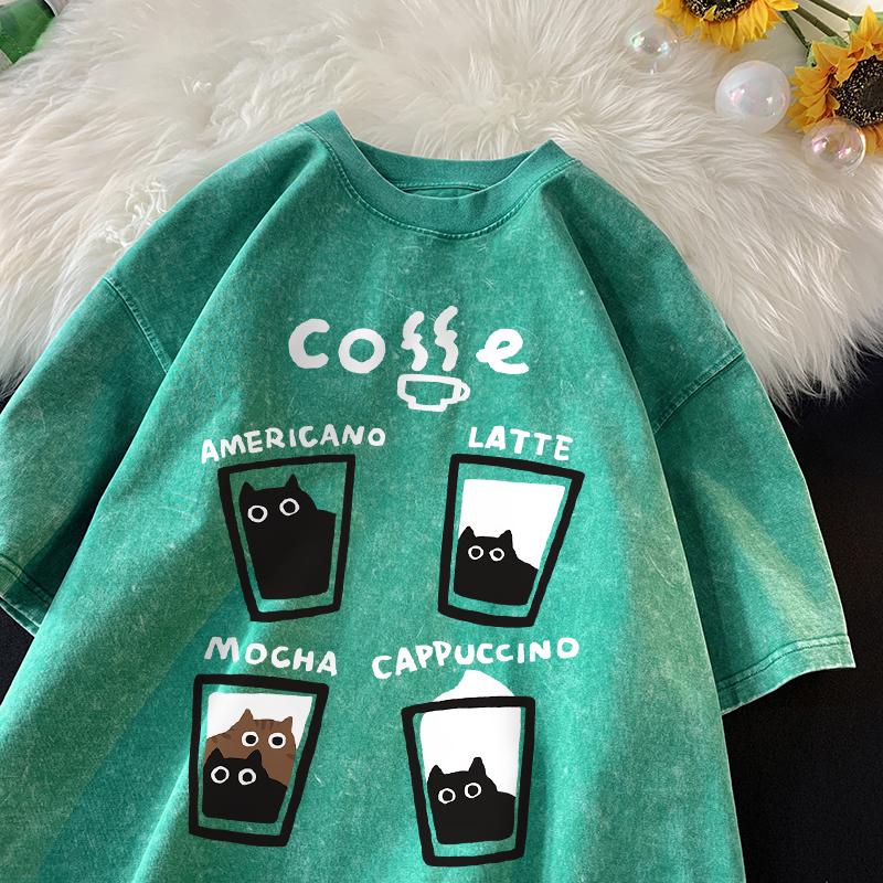 American Retro Trendy Cat Cotton T-shirt Men Women Summer Loose Couple Short Sleeve Tops Vintage Water Washing Tee