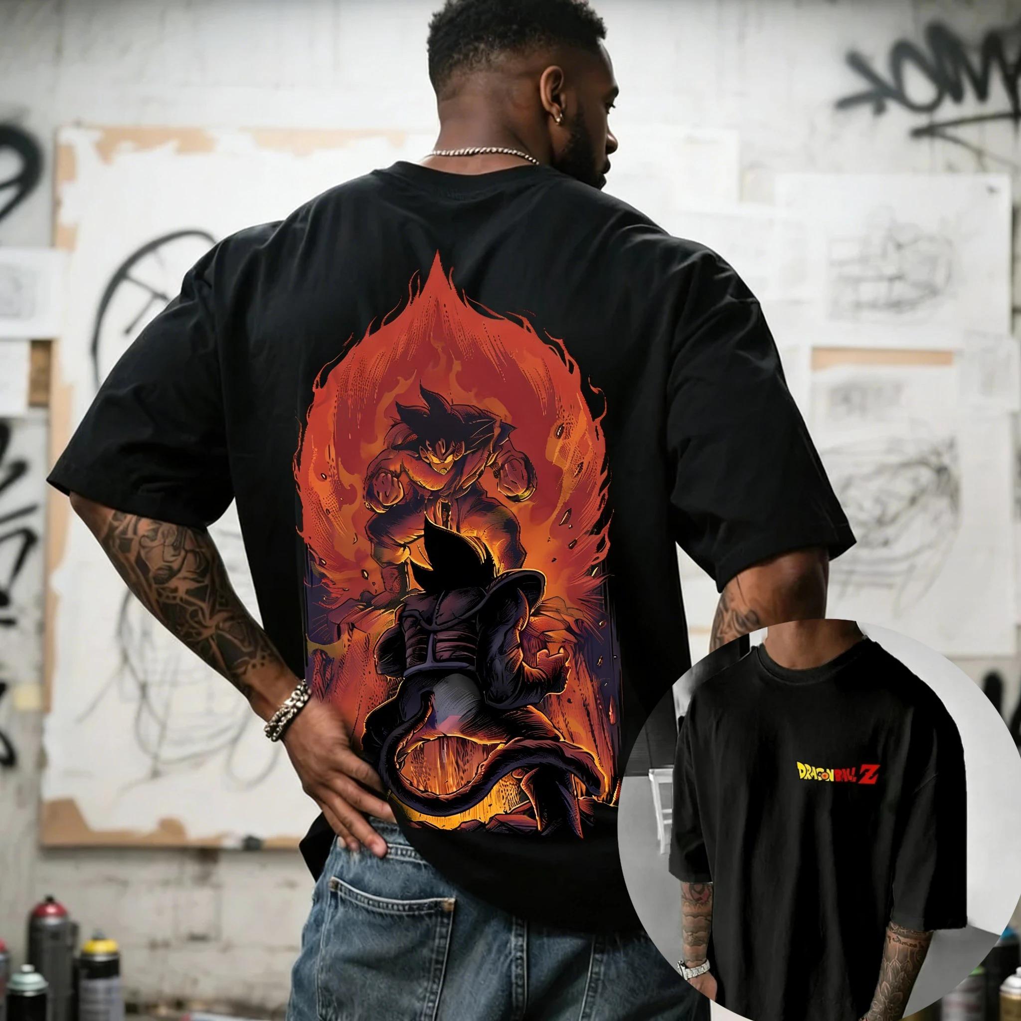 Dragon Ball Z Goku vs Vegeta Fire Battle Graphic T-Shirt, Unisex Oversized Streetwear Casual Cotton T-shirt 4XL