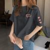 Women's Round Neck Short Sleeve Printed Loose Fit Korean Casual T Shirt Basic Top with Heart Graphic for Spring Daily Wear