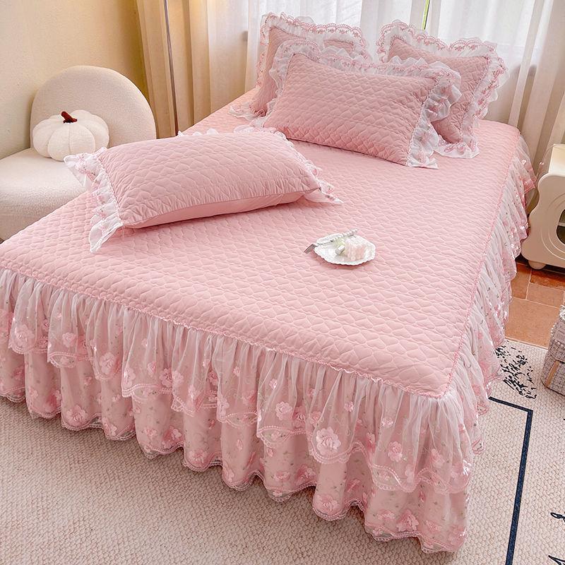 Korean Style Lace Bed Skirt & Sheet Set - 3-Piece Quilted Dustproof Full Wrap Bed Cover