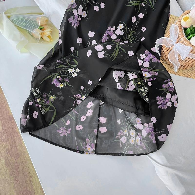 Francouzské Sexy Květinové Šaty na Ramínka Bez Rukávů Elegantní Stahující Pas Léto 2025 Přiléhavé Šaty Vintage Móda Černé Šaty