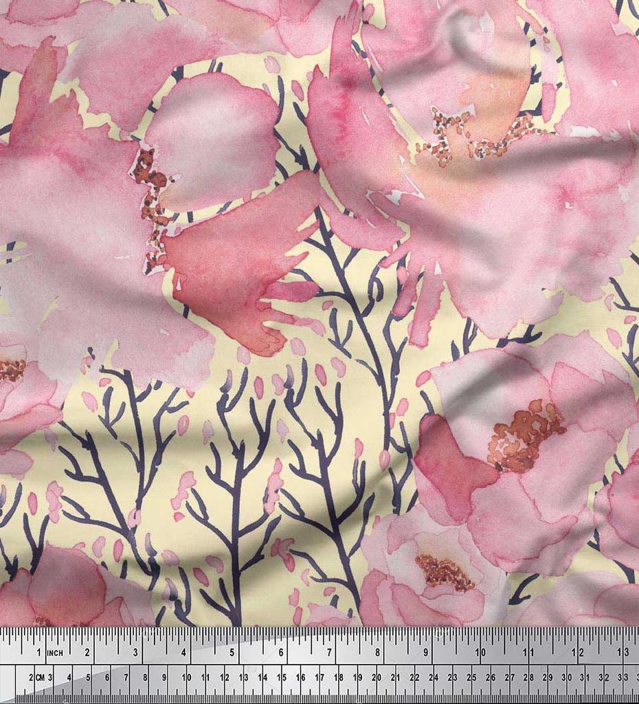 Soimoi Japan Crepe Satin Fabric Peony Watercolor Printed Craft Fabric by the metre 42 Inch
