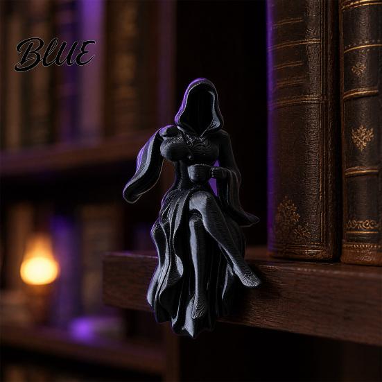 Hooded Girl Sculpture Gothic Reaper Lady Figurine 3D Printed Dark Fantasy Shelf Sitter Elegant Figurine Mysterious Black Robed Women Pouring Tea for