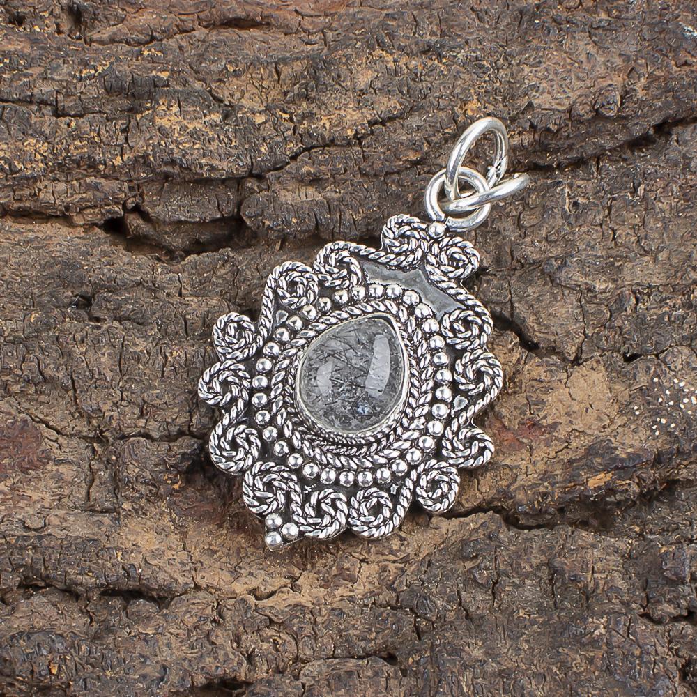 Black Rutile Gemstone Jewelry, 925 Solid Sterling Silver Pendant, Beautiful Silver Pendant, Handmade Bohemian Jewelry For Wedding Gift