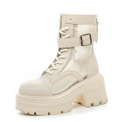Fashion 9CM Air Mesh Patent Leather Boots Chimney Hollow Ankle Booties Women Moccasins Summer Motorcycle Sandals Fashion Shoes Sandals