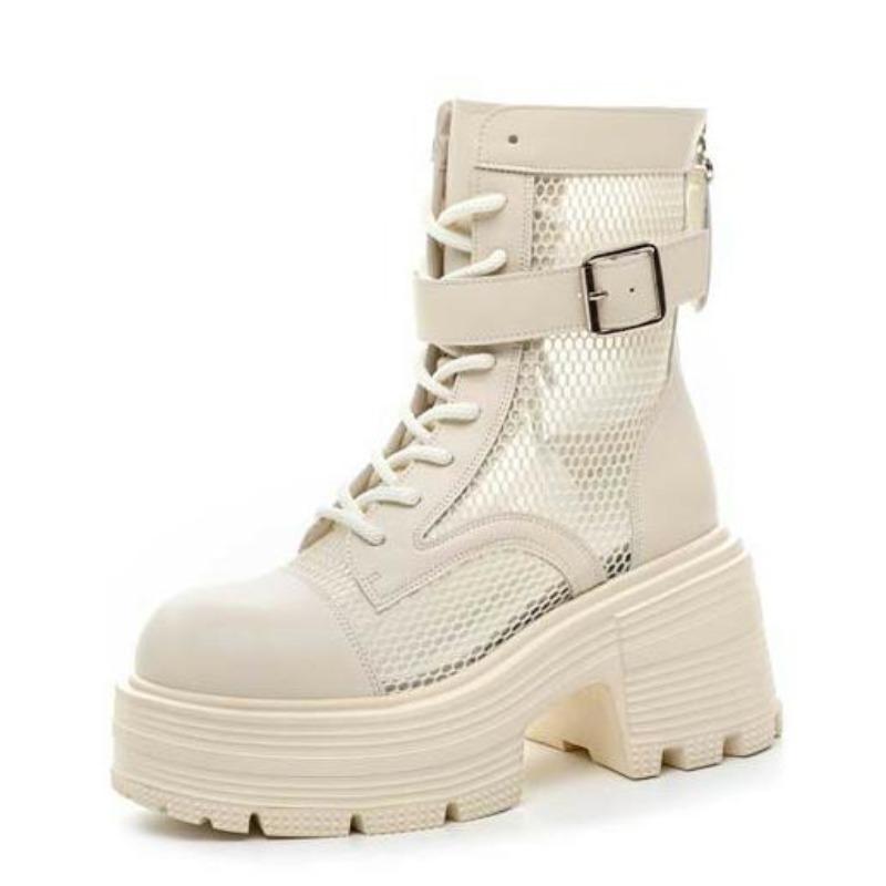 Fashion 9CM Air Mesh Patent Leather Boots Chimney Hollow Ankle Booties Women Moccasins Summer Motorcycle Sandals Fashion Shoes Sandals
