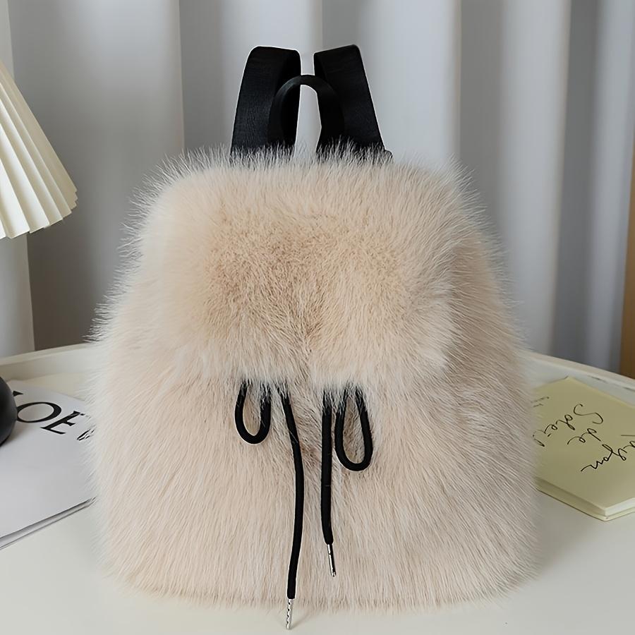1pc Elegant Women'S Faux Fur Backpack - Adjustable Strap, Drawstring Closure, Multi-Pocket Design,Perfect for Travel & Casual Use