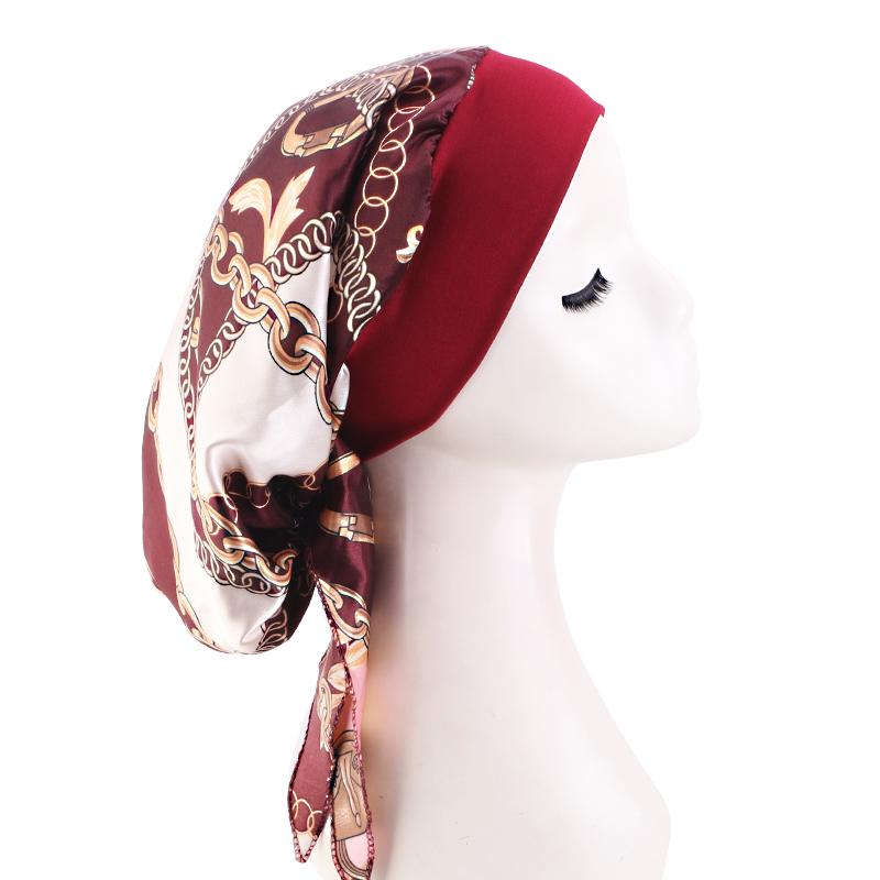 Women Satin Printed Turban Hat Stretch Wide-brimmed Nightcap Fashion Pre-tie Turban Wrap Head Cap Casual Durag Pirate Hat