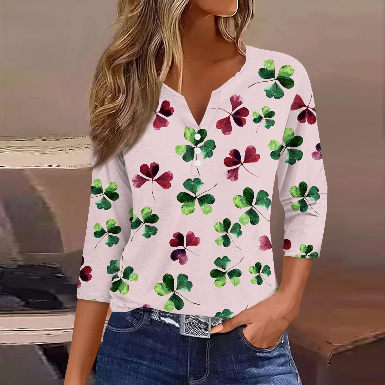 

Рубашки с рукавом 3/4 для женщин, милые футболки с графическим принтом, блузки, повседневные блузки, туники с V-образным вырезом, топы St. Патрика M розовый