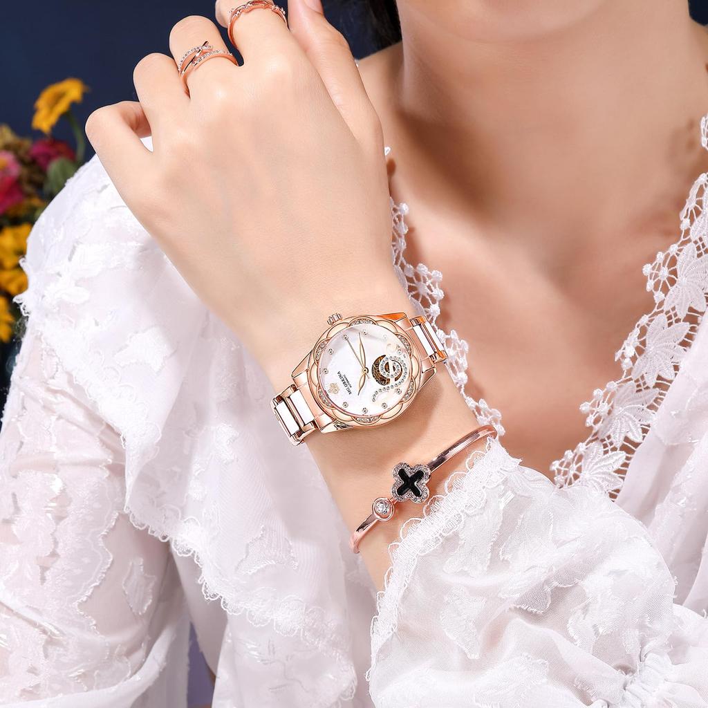 BOLYTE Fashionable Openwork Mechanical Watch Mother of Pearl Ceramic Stainless Steel Diamond Music Ladies Automatic Watch Waterproof Luminous Women's