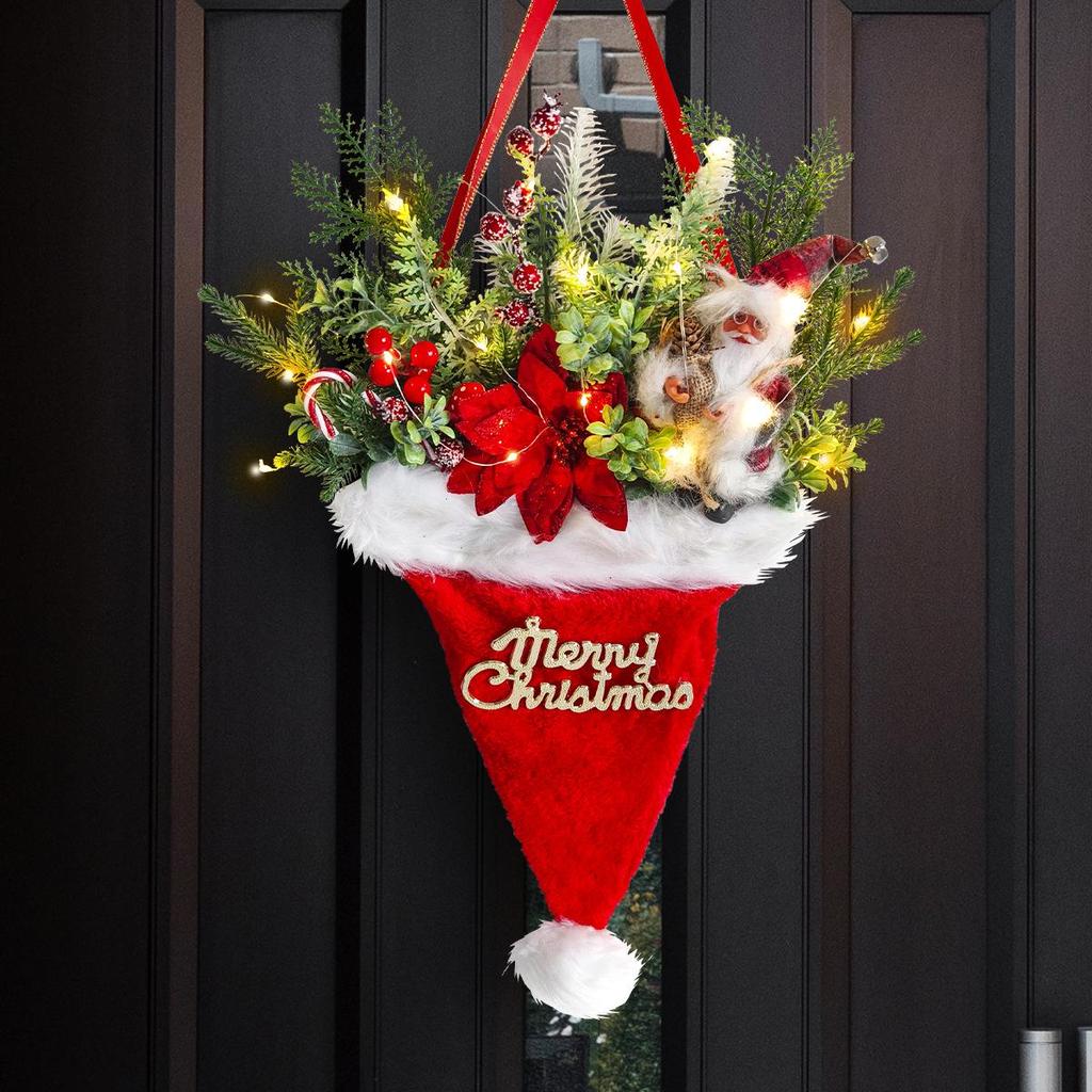 Yihong Light-Up Pine Needle Christmas Hat Door Hanger & Tree Decoration