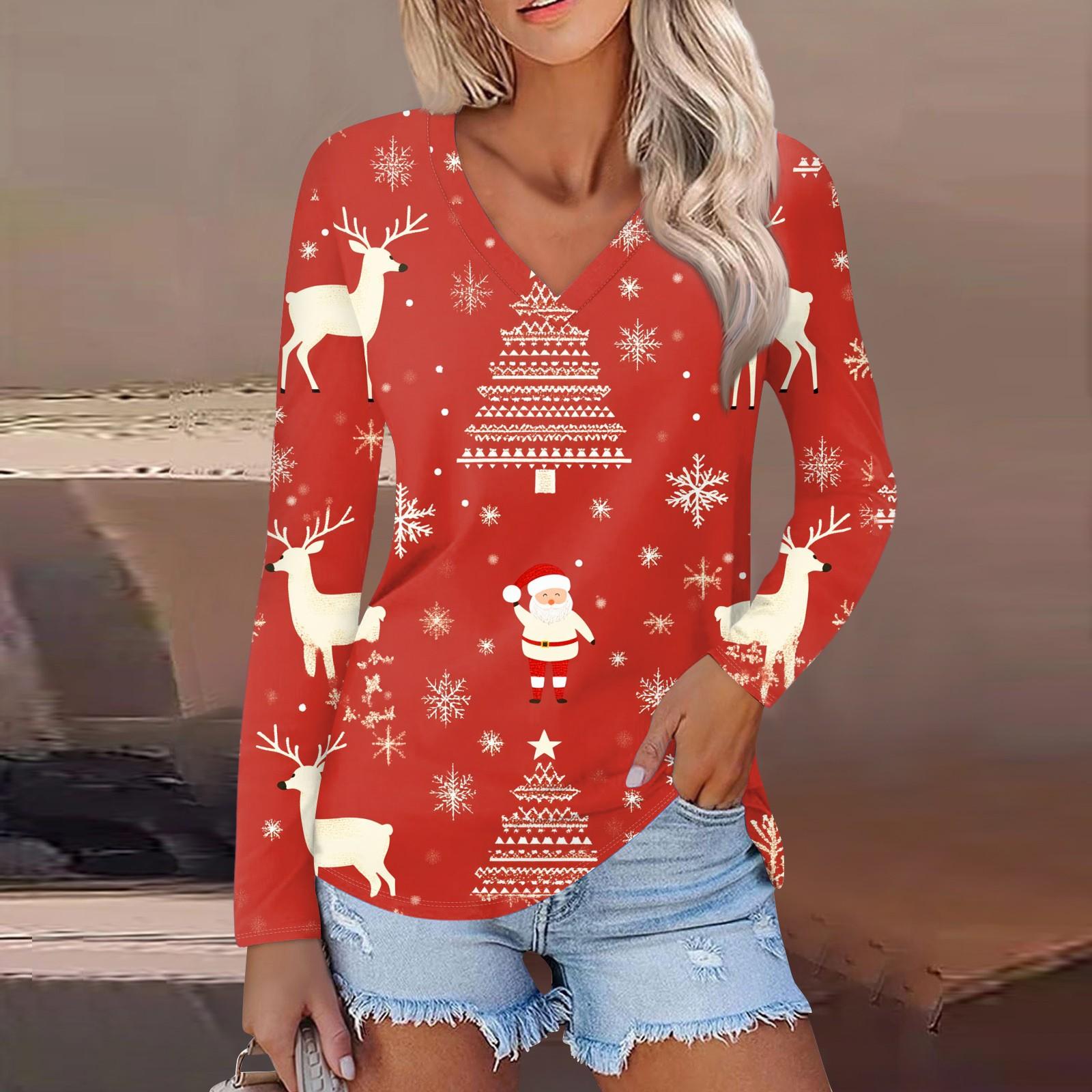 

Женский повседневный модный сексуальный удобный рождественский принтованный топ с V-образным вырезом и длинными рукавами S винный