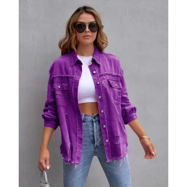 Women Pocket Hole Tassel Turndown Collar Denim Button Casual Boho Full Long Sleeve Spring Cardigan Jacket Coats Outerwear