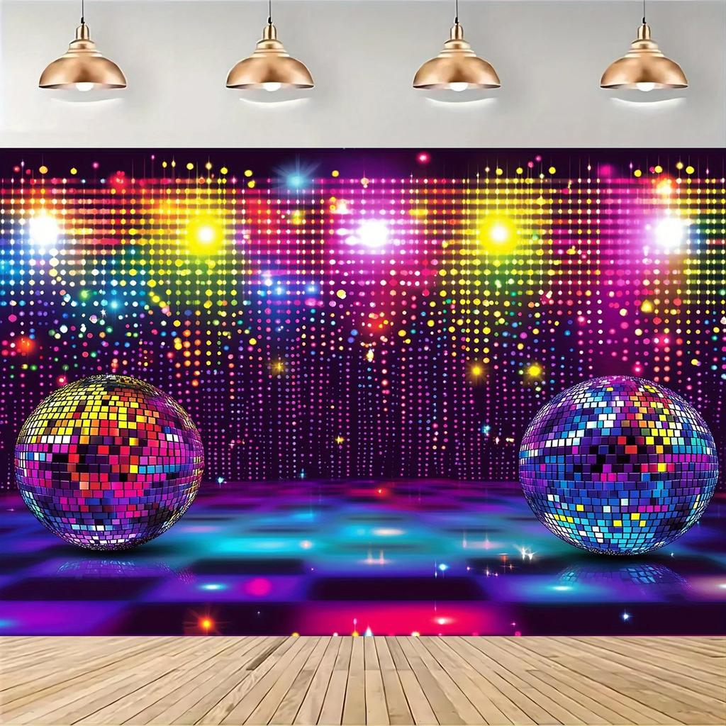 Disco-themed party backdrop, suitable for various occasions. Perfect for festive events such as Christmas weddings.