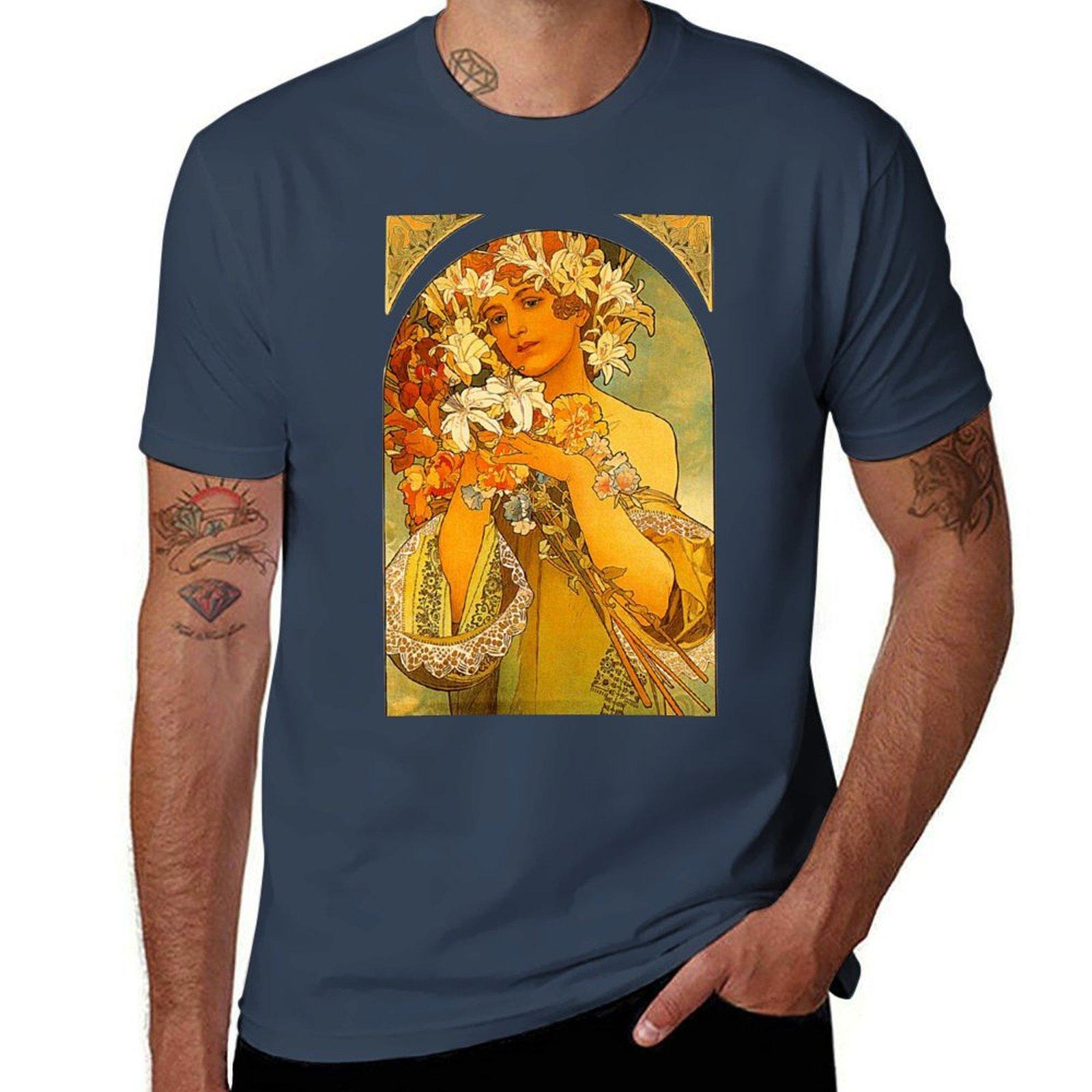Flower by Alphonse Mucha TShirt Classic Print Short Sleeve Shirt S