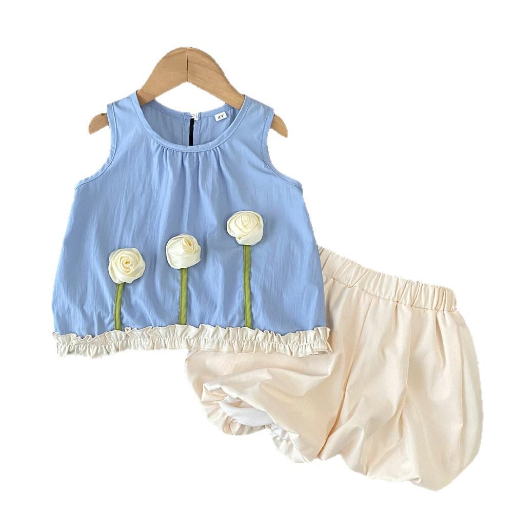 Girls' Korean Floral Sleeveless Vest & Shorts 2-Piece Summer Set