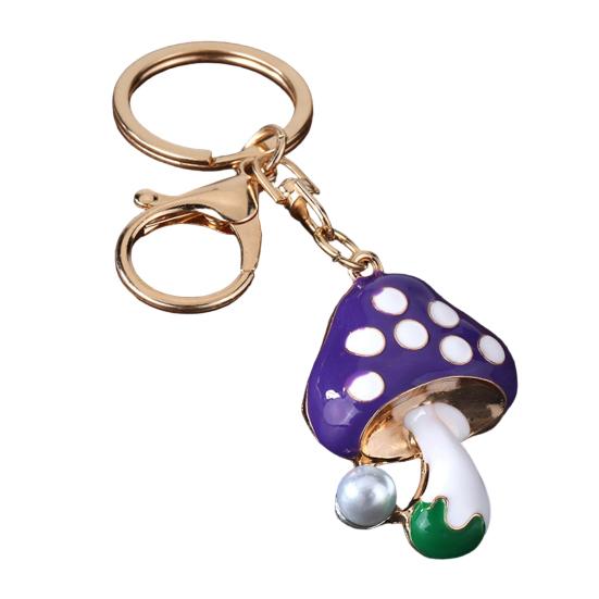 Zinc Alloy Keychain Pendant, Dripping Process Key Ring with Imitation Pearl Cartoon Mushroom Shape, Multiple Colors Bag Charm