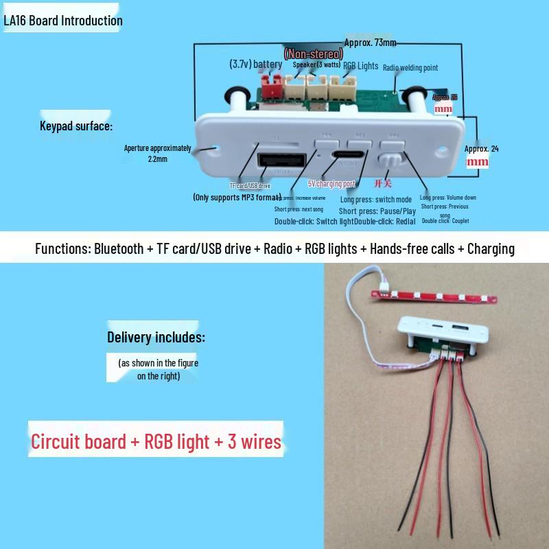 Solderless Bluetooth Speaker Board with Colorful Lights: DIY Electronic Circuit Kit with MP3 Decoding & Amplifier Panel