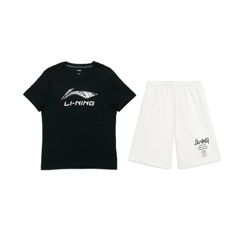 Li-Ning Fashionable Trendy Versatile Round Neck Pullover Short Sleeve T-Shirt Casual Sports Suit Unisex Tops Black White AHSVD53-1+AKST593-7