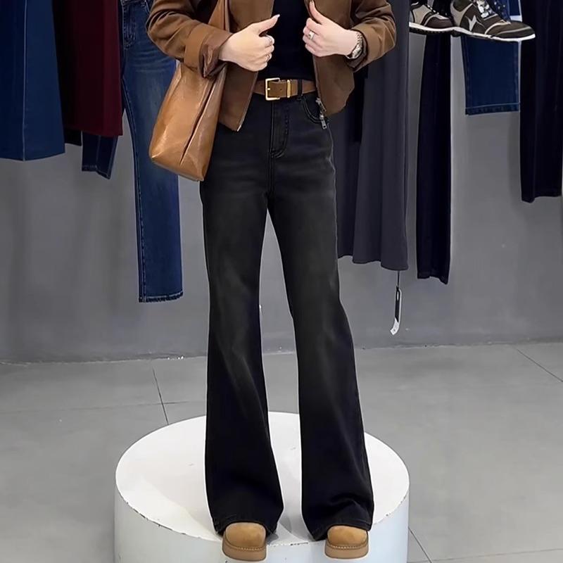 Dámské džíny plus size s vysokým pasem, strečové, rozšířené - Zeštíhlující široké nohavice, kalhoty po zem Jaro 2025.