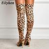 Fashion Eilyken New Thigh High Boots Pointed Toe Sexy Leopard Grain Thin Heels Stretch Fabric Over-the-Knee Womens Boots Shoes