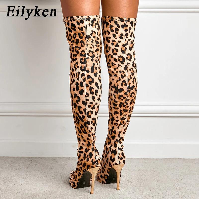 Fashion Eilyken New Thigh High Boots Pointed Toe Sexy Leopard Grain Thin Heels Stretch Fabric Over-the-Knee Womens Boots Shoes