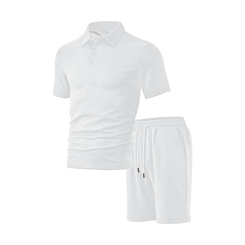 Mens Casual Two Piece Outfit Waffle Knit Short Sleeve Polo Shirt And Drawstring Shorts Set S белый