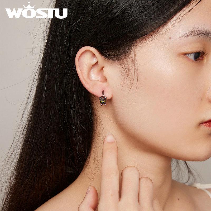 WOSTU Real 925 Silver Black Gold Cat Hoop Earrings For Women Lovely Animal Paw Ear Clips Cool Girl Punk Jewelry Gift