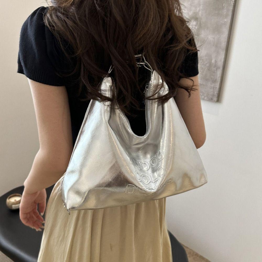 Korean Style Pu Leather Tote Bag Silver Casual Commuting Bag Women's Underarm Bag Travel